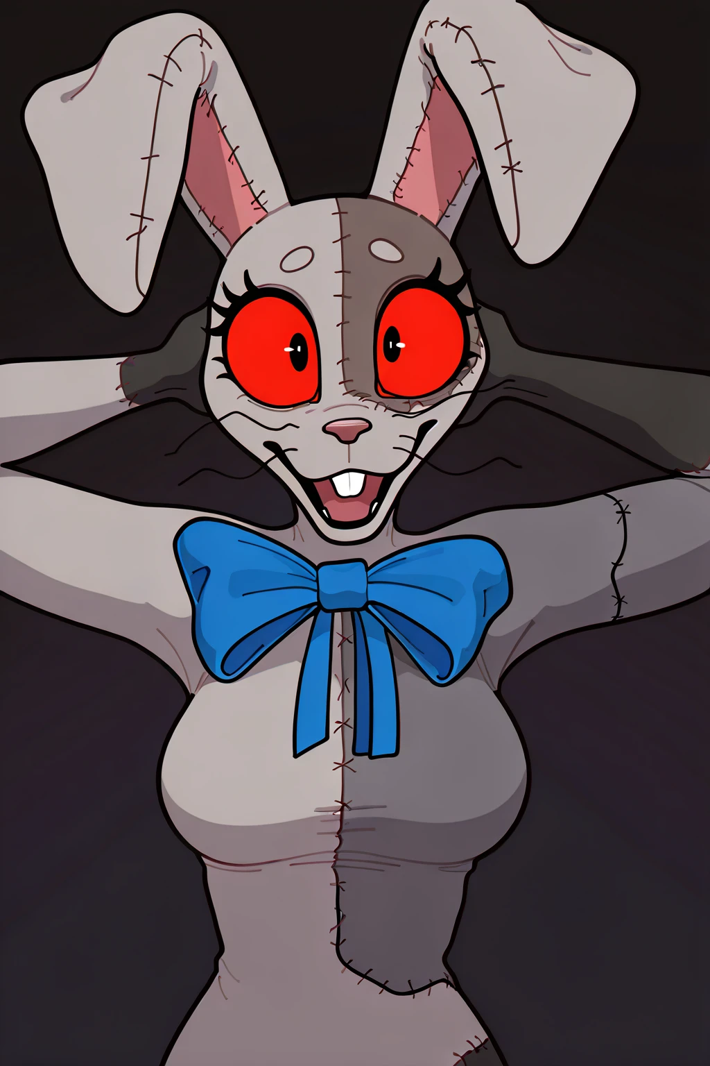 sa_lly, stitches, grey skin, standing, looking at viewer, missionarrys sex, legs apart, white long gloves, white thighhighs, bunny ears, 3d, smile, lipstick