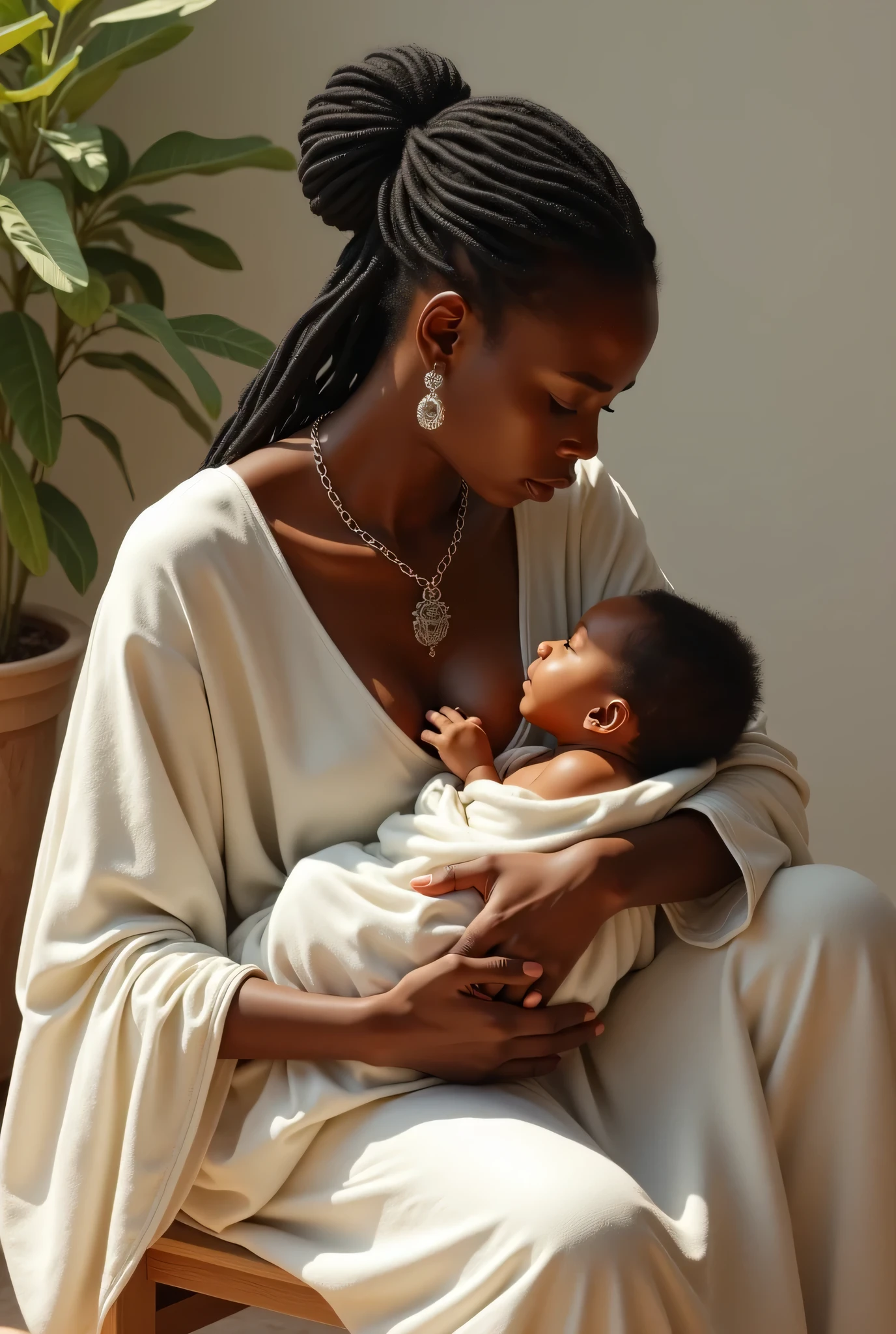Generate an image of a beautiful black lady holding a baby whiles sitting in a couch in a luxury apartment 