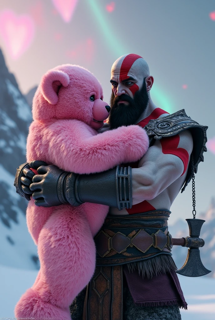 god of war, standing, hugging a pink teddy bear, against the backdrop of the (ruined city:1.1)
unreal engine
style of Artgerm
finely detail, ultra-detailed, highres