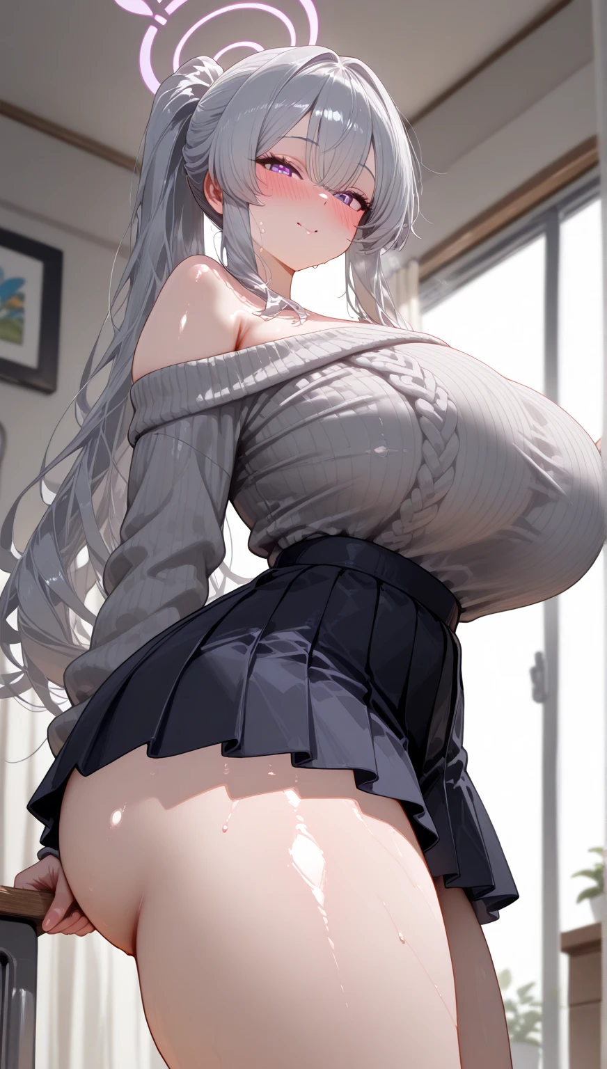 Woman ass facing screen, white hair, back position, blurred background, hips up, sexy, close-up, bikini, exposed, wet, white liquid, disdainful eyes, best quality, realistic, sleeveless, black_thighhighs, garter strap, golden hair ornament, black shirt, skirt, plaid skirt, dynamic pose, smile, closed mouth and happy, looking at viewer, blush with sweat on her body, her wet body, indoor in a medieval bedroom surrounded by strong females warriors