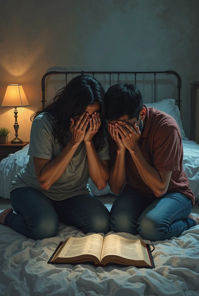 Mother and father started praying with an old book in their hands in their daughter's dark room