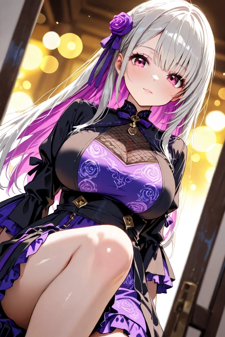 (8k, Highest quality, masterpiece:1.2),\(eye\),(\(Garment Details\)\),(Huge boobs) ,High quality CG Unity 8k Large file size,Very detailed,High resolution,美しいeye,Ray Tracing,Dramatic Shadows,finely,Hyper Detail,(1 girl:1.3),(alone),Long Hair、wear(Cosplay_,Very cute black and purple lingerie with frills,Short skirt),blush、Thick thighs、((eyeに見えるパンティー))、((Black panties))、Knee socks、Two-dimensional woman、(((Squat)))、((Face forward and spread your legs wide))、Simple Background、たくさんSweatをかく、((vapor,Sweat、Vulgarity))