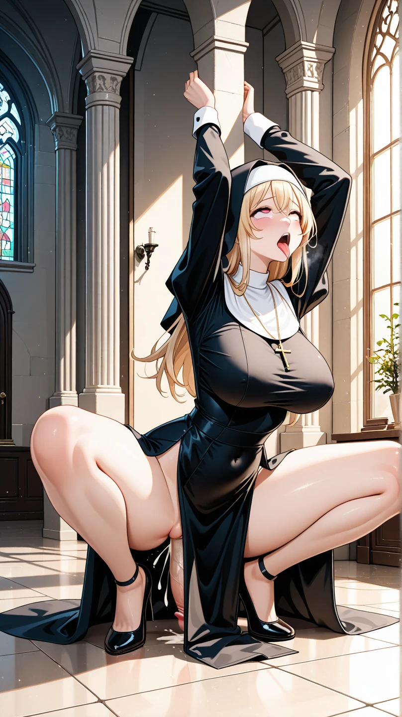 (best quality, 8k, highres, photorealistic:2.0), (solo, one girl:2.0),(lighting: front),(lighting: strong),(Russian Beauty:2.0),(very muscular girl:1.5),(bodybuilder girl:1.5),(shiny skin:1.5),(oily skin:1.5),(platinum blonde hair:1.5),(raise both arms behind your head:1.5),(((medium skirt long sleeve nun wearing tight clothes))),(wearing white panties),(wear black stockings:1.3),Blush brown makeup , dark eye makeup , use pink glossy lipstick, wearing a cross necklace, (amazing orgasm:1.2) (intense ecstasy:1.5),erect nipples ,woman lying on a clean bed ,(Bend your legs and open them to the limit:1.5)
