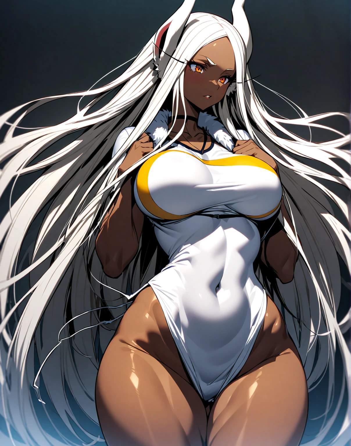 ((((An ultra-high picture quality、Fine-grained image quality、masuter piece、top-quality、Long body、large full breasts、Brown skin color、Silvery hair、Long hair、Red ruby-like eyes、Dynamic Poses、A look of shame、darkened room、Dramatic light、Beautiful abs、White Bikini、White lingerie))))、(((Very marked camel toe))),((((darkskin)))),((sun burn))、Realistic skin type、an anime girl、Detailed Digital Anime Art、A seductive anime girl、extremely detailed art germ、a hyperrealistic schoolgirl、Ilyakukvshinov、Smooth Anime CG Art、Ultra Realistic Woman、ig model、ArtGerm、photo-realistic anime girl、digital anime art