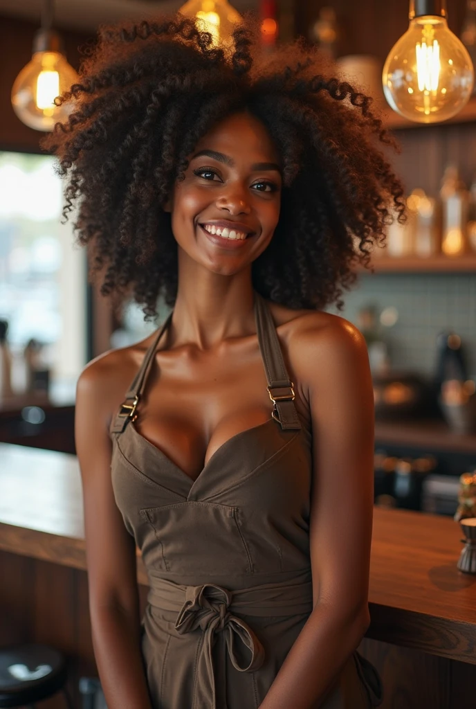 best quality, ultra-detailed, hyper realistic, 8k, full body shot, 23 years old, Nigerian beautiful girl, round shaped face, dark black skin, highly detailed skin with blemishes, ebony, dark natural afro hair, fit athletic figure, full body, big E cup breasts, wearing sexy black dress, cleavage, smiling, provocative expression, sexy alluring pose, realistic skin, in a crowded restaurant
