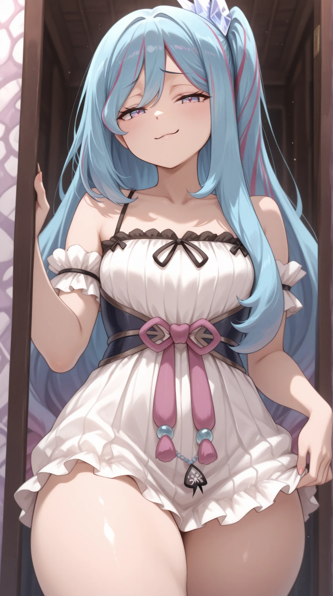 masterpiece, best quality,((loli)),((little girl)),(((kafuu chino))),blue eyes,((blush)), ((tears)), ((shy)),((gag)),((wedding_dress)),((frilled socks)), ((((mary janes)))),((((arms_behind_back)))),((bondage)),((shibari)),