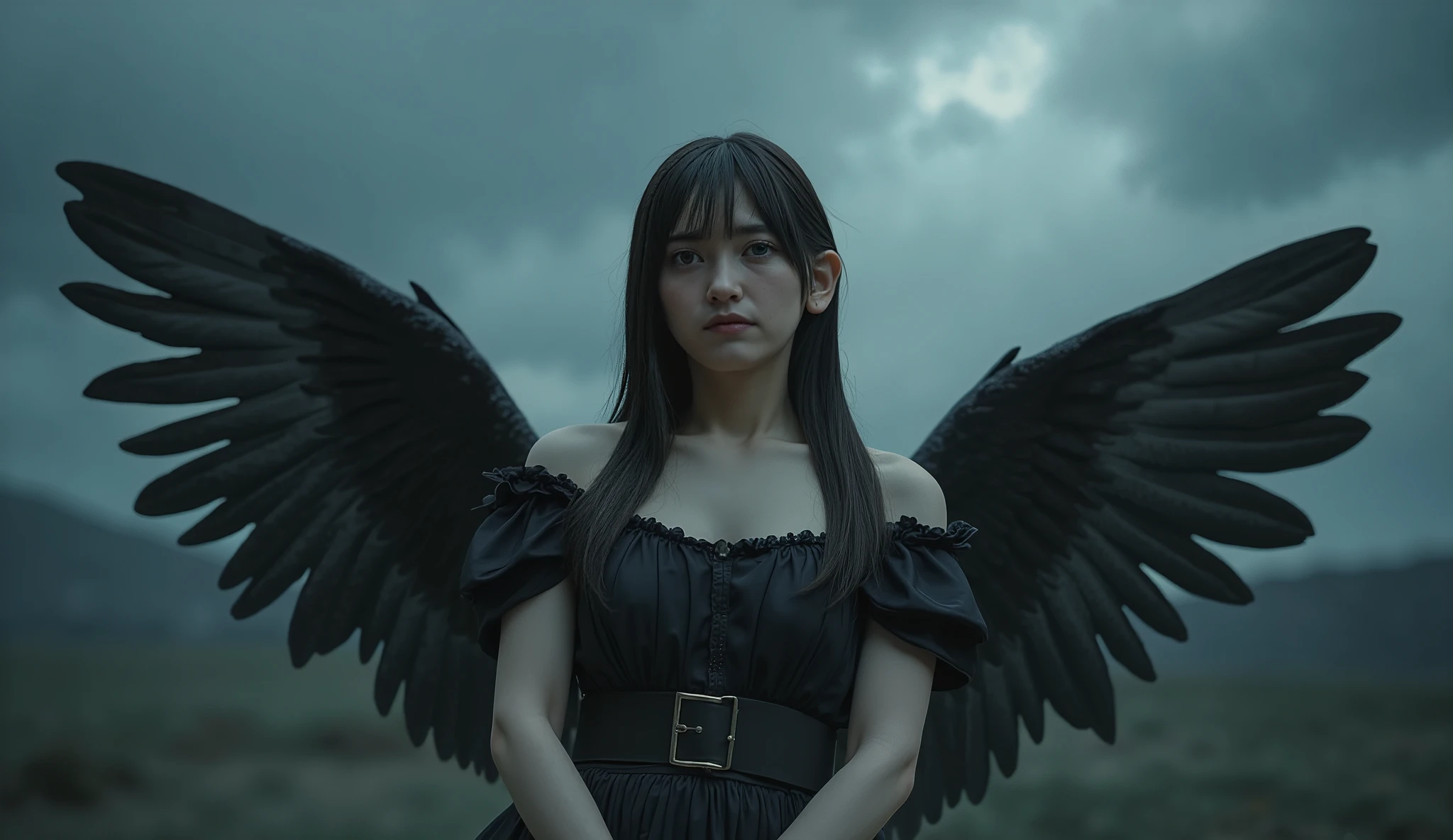 Fallen Angel, feminine, beautiful face, Broken Wings ,  Dark Atmosphere, amazing horror art, 8k, HDR,  PC, dramatic lighting,  super realistic details ,   melancholy expression , Gothic Background ,  Stormy Sky ,   dark color, Mystery, Functionality