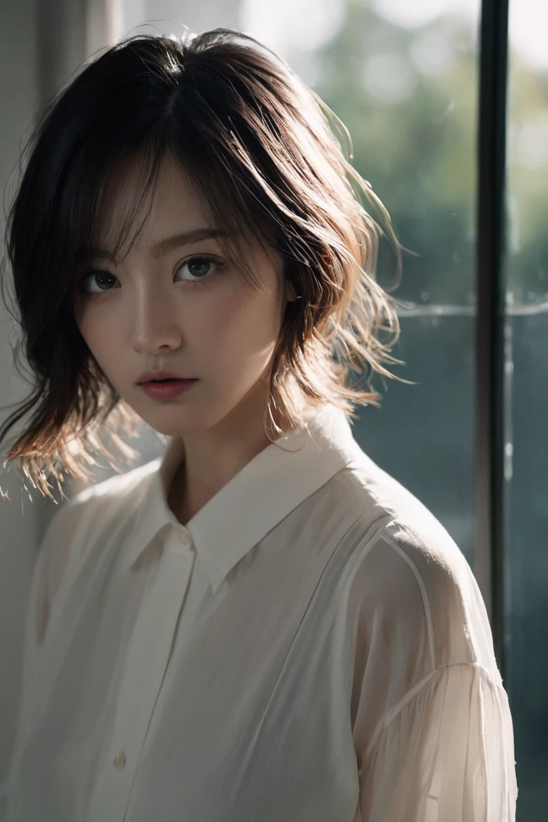 (64K,UHD,Best Picture Quality,tmasterpiece:1.2),(photorealestic,realisticlying:1.37),ultra - detailed,1个Giant Breast Girl,adolable,独奏,full bodyesbian,Beautiful detailed sky,Detailed café,the night,sitted,dated,(Nasal redness), (ssmile:1.15), (Keep one's mouth shut) Bigchest, 美丽细致的眼睛, (collar shirt:1.1), natta, dampness, Professional Dress, Sateen, white lace chemise, (short detailed hair:1.2), Floating NovaFrogStyle, toppless,