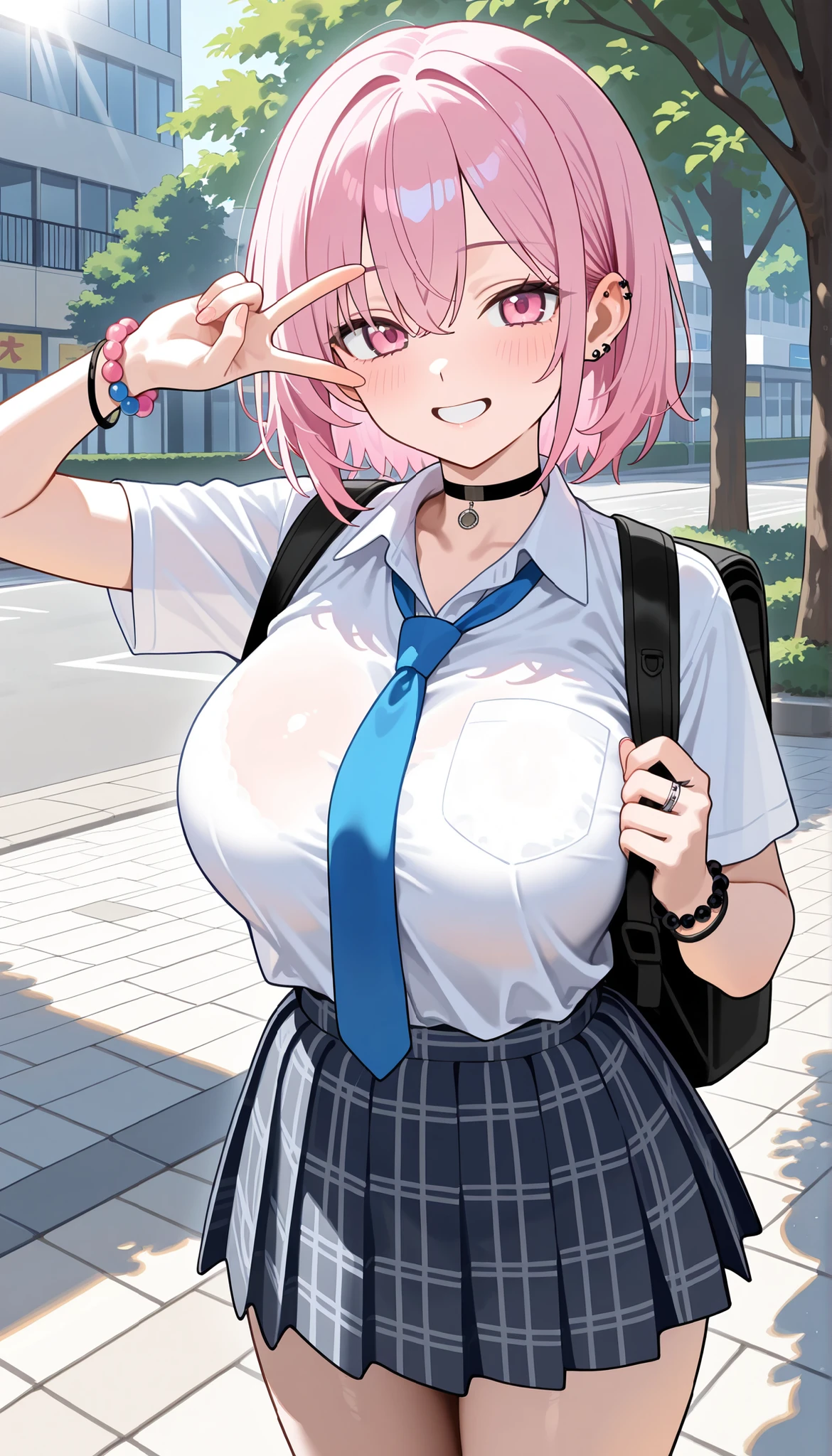 pink eyes, Big breasts, ear piercing, bead bracelet, bracelet, ring, pendant choker, white collared shirt, shirt with tie, blue tie, pleated skirt, plaid skirt, v over eye, backpack, holding strap, Outdoors, glass, tree, sunlight, Sidewalk, Building,exciting、stretches out her arms、Backrest、sexual intercourse、orgy、陰茎膣sexual intercourse