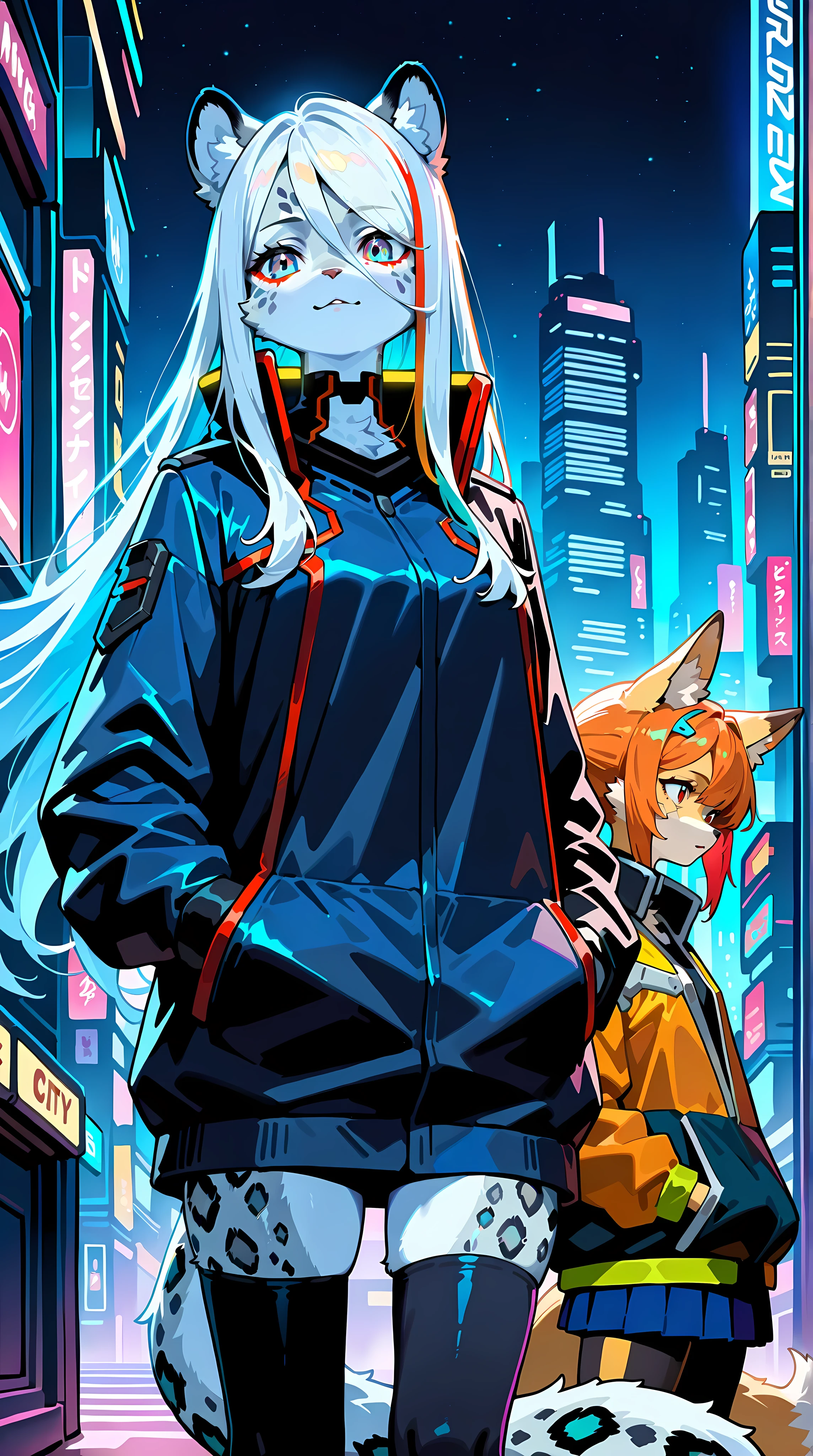 2 girls. First girl: 21 years old , mammal snow leopard , furry, flowing long white hair with blue highlights, normal proportions , aesthetic , Cyberpunk style full clothing, very finely detailed. Second Girl: 21 years old , mammal fox, furry, short orange hair with red highlights, normal proportions , aesthetic , Cyberpunk style full clothing,very finely detailed. background: city center in cyberpunk style. very finely detailed.