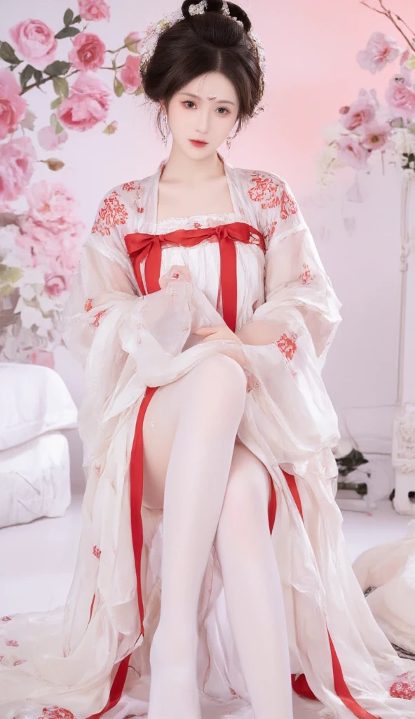alone,1 girl,skirt,Chinese clothes,china skirt,black hair,sitting,floral,curtain,short hair,actual,whole body,indoors,looking at the audience,red lips,bench,Chair,(Slender legs),elegant girl,