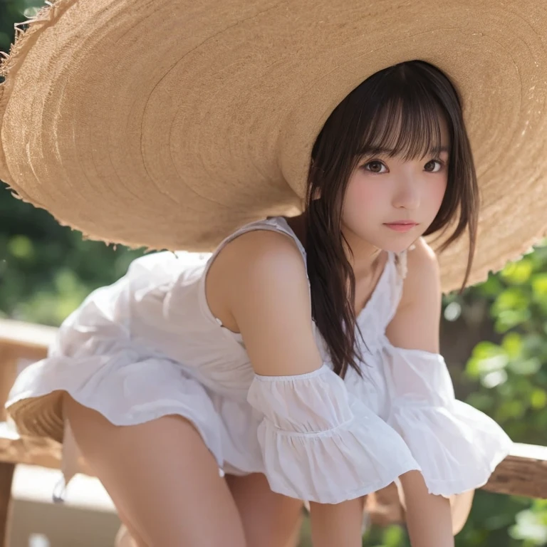 So adorable, Seaside, Japanese Girls, (Portraiture, close:1.2),Exposed forehead, Scrunchie,( cheek,Glossy Lips:1),Frilled bikini, View your viewers, ,Sweaty, (Baby Face:1.19), (Suggestive, smile:0.7), (Pale skin:1), (From the side), sunset, catch_Light, masterpiece, Highest quality, Very detailed, sexy, On the Farm,Wearing a big straw hat、(Sometimes you can see the spread anus) ,(super ultra micro rope:)、Blonde woman, (Very young breasts:1.1),(Very small breasts:1.1),(Very young face and body:1.25),Ahegao Orgasm Double Peace,(Very beautiful perfect shaved pussy:1.25),(Sometimes 99 from the bottom% and or sometimes Diagonally below back:0.7),(hour々はsmile　Or laugh out loud),(((Sometimes they lift their buttocks and stick out their anus:0.3))),(Sometimes the nipples, vagina and anus are fully visible:1.3),((Sometimes your face looks too young:1.5)),(Sometimes the clitoris pumps:1.2),(Sometimes her breasts are exposed:1.2 ,and all naked:1.2)