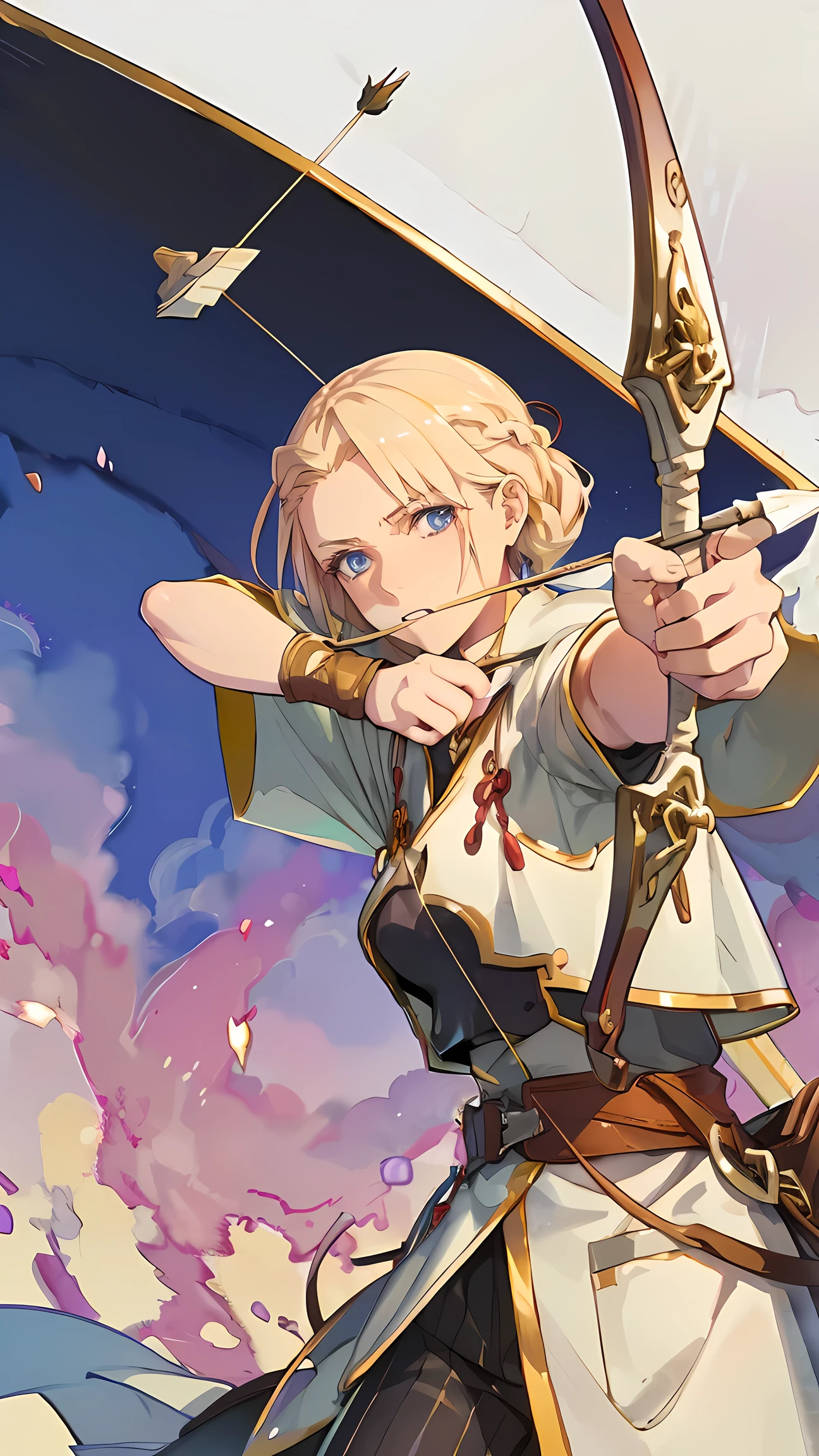 pose(drawing bow:1.2), Watercolor painting, fantasy novel illustration, lighting arrow, archer, big hair, mature lady, blonde