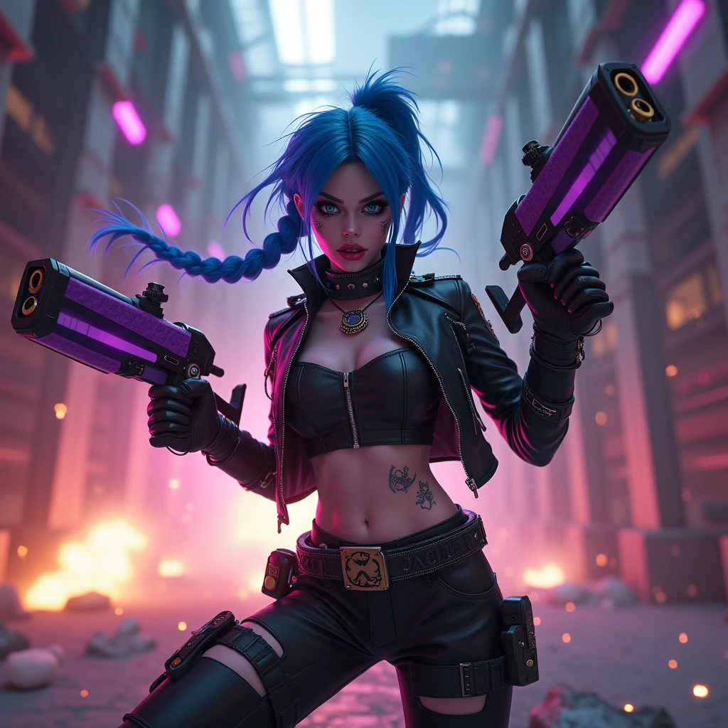 “Draw a young woman with long, light blue hair, divided into two high tails. She wears a blue and pink top with neon details and purple leather pants. She is holding a large and colorful machine gun, and it's a rocket launcher. Her expression is lively and a bit crazy. The background should have elements of explosions and chaos, reflecting an energetic and chaotic atmosphere.”