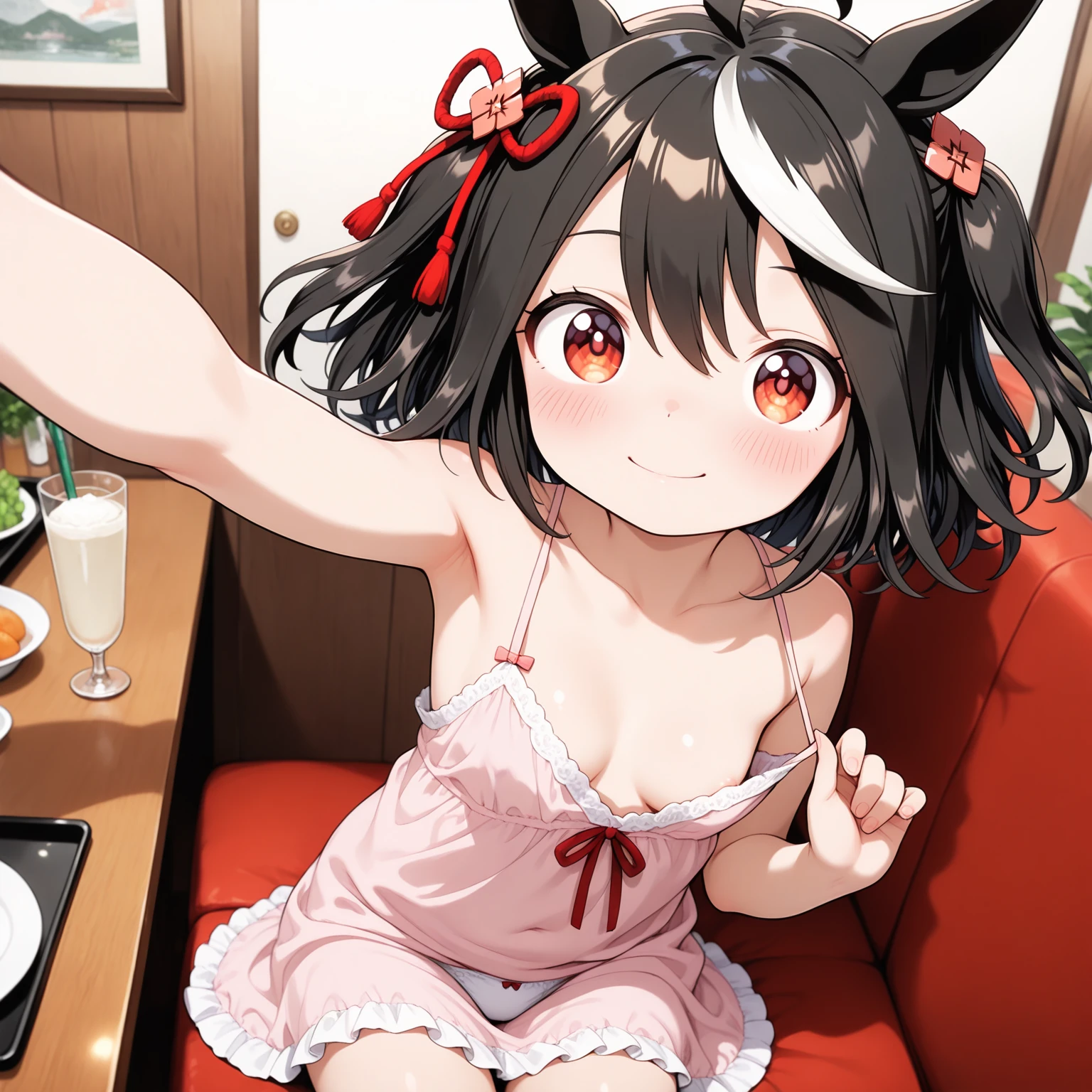 Super high resolution, detailed background, Kemoshota, red eyes, drooling, innocent kindergarten boy, star pupil in eyes, waiting dinner, naked apron, looking back, tail,