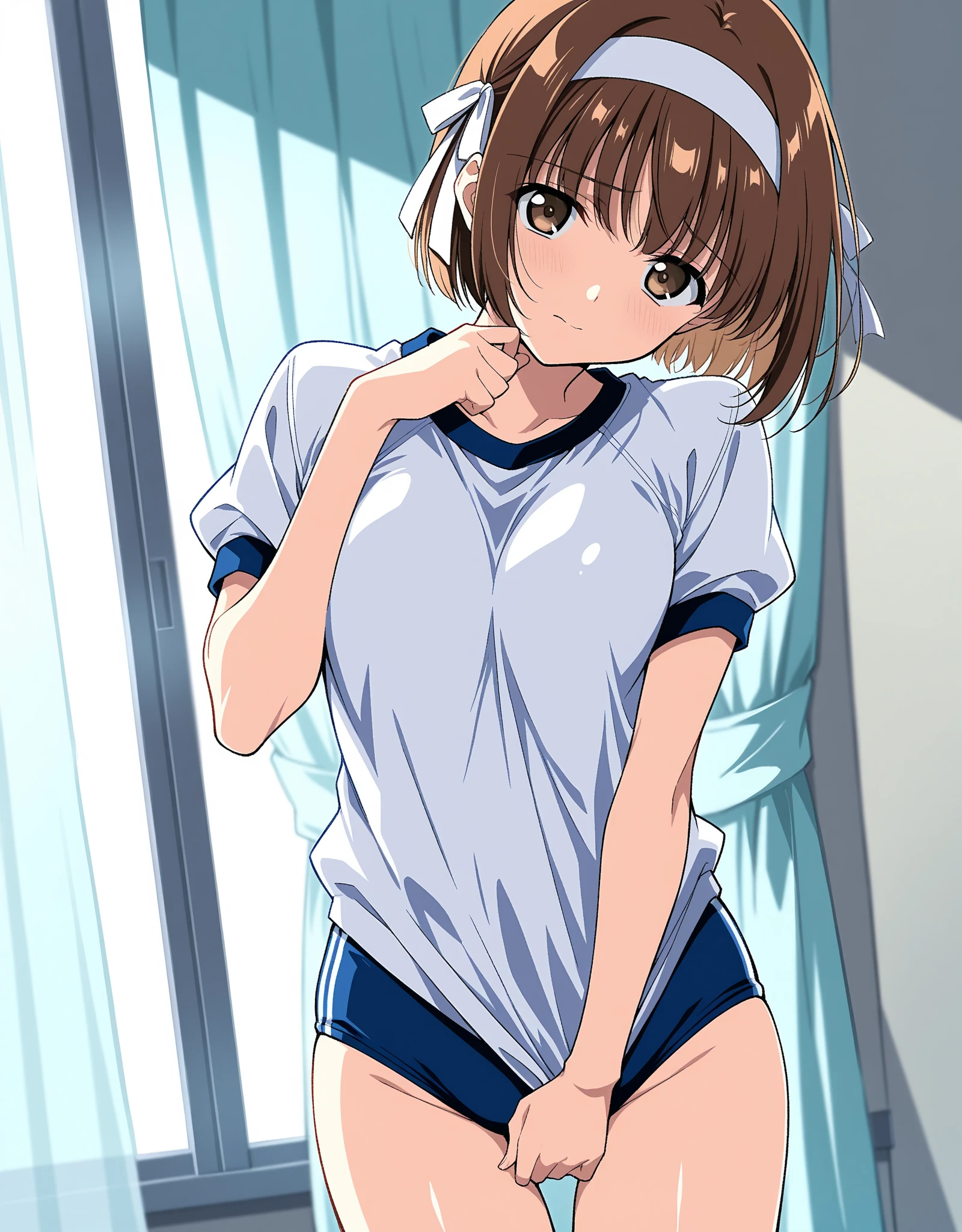 A girl wearing a white old school swimsuit((From the side)),Light brown hair,blue eyes,short hair,Blushed,Captivating look,vapor,Sweaty skin,Wide Hips,Plump figure,Puffy nipples,Warping the body,Widebody,Heavyweight body,Chubby,Small breasts,White one piece swimsuit,Open your eyes a little