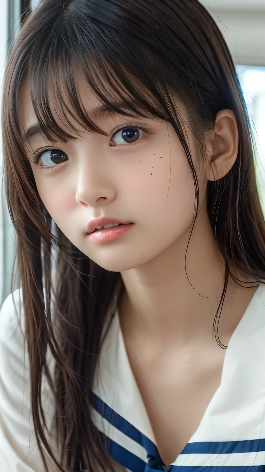 (cleavage:1.3), ( face close-up ),Masterpiece, Top Quality , 8k, Official Art, RAWphotograph, 非常に high definition, Beautiful Girls, Pretty Face , ( sitting ), is staring at me , close, , classroom, super real , high definition, photograph, film grain, Color Difference, sharp concentration, face light , dynamic lighting , Cinematic Lights, Best Details , very detailed, ultra detailed, detailed explanation , very detailedな目と顔, white skin, One girl wearing、 show me a sailor suit that makes your skin look perfect , perfect skin, Pretty Face , bright eyes, without makeup, brown hair, Indoor setting with shoulder-length straight hair , empty in the center of the city , very embarrassed face、amount、mole、 small 、 flat chest、 amountを見せて