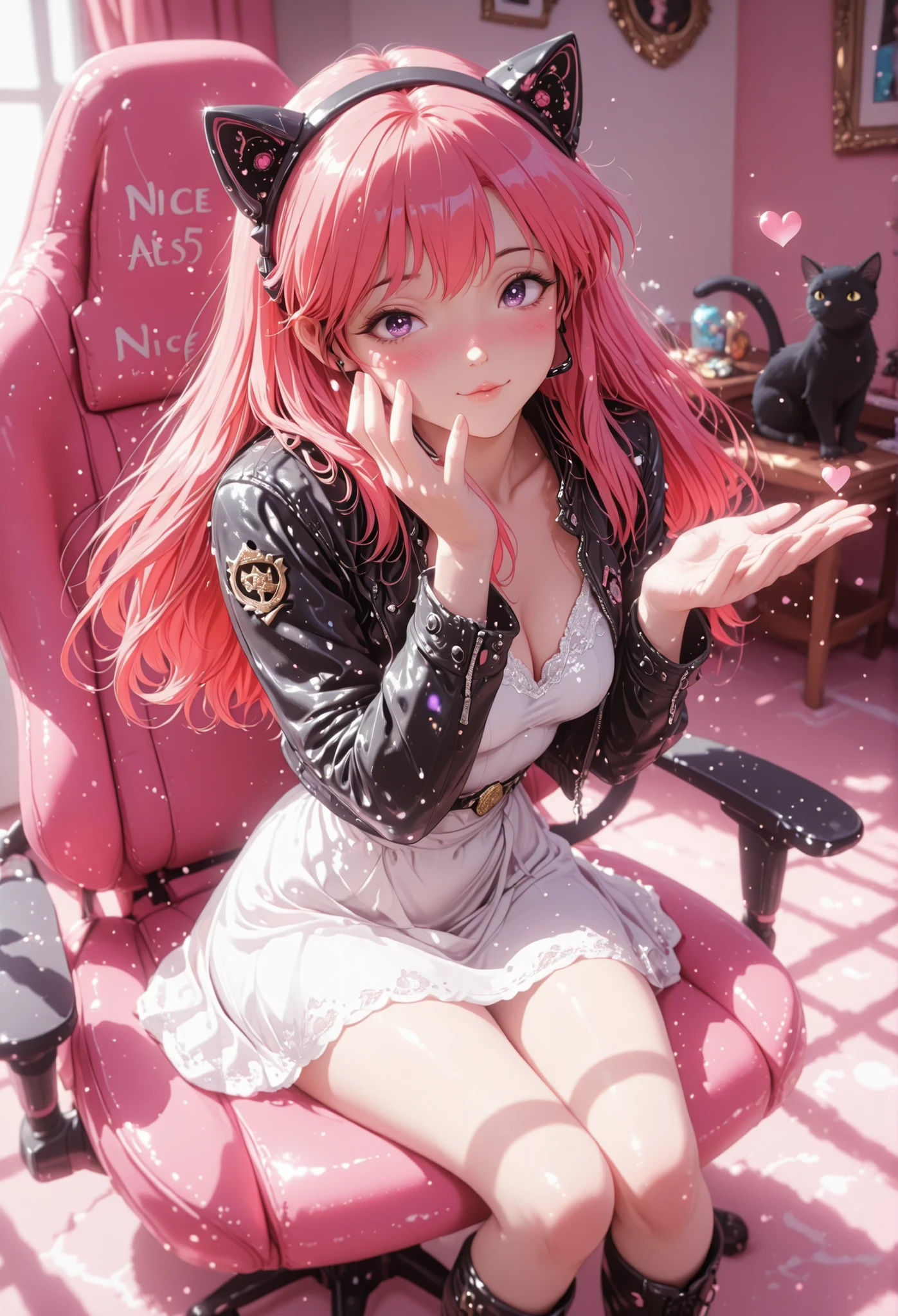 Masterpiece, detailed image, perfect human anatomy, perfect face, a beautiful woman, (nice curves), with long red hair with pink tips and bright purple eyes, (eyes rich in detail), (eyes detailed) flowing pink and orange ombre hair, wearing a black cat-ear headset, wearing a white dress with lace details, a black leather jacket, black boots, blowing a kiss, showing a very beautiful detailed bronze plaque with the number 50, blushing cheeks, sitting in a white and pink gamer chair, in a girl's room setting, natural lighting, the art style is detailed and colorful, with soft dynamic lighting and slightly 3D anime shading, in high resolution --no cats