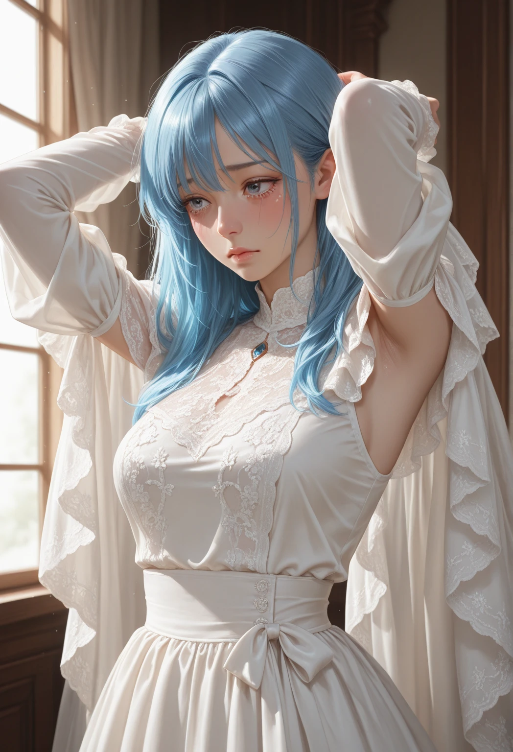 looking from above,((best qualtiy)),((tmasterpiece)),(the detail),1girll,She wore a revealing white dress。The dress exposes the shoulders and navel,Fits the body,It beautifully accentuates its curves。Her skin was as white as ivory,Soft and smooth to the touch。Her branded hair is straight and shiny。Her long hair ran down her back,Make her figure look more beautiful。Her eyes were big and deep indigo。Her lips are painted with cherry-colored lipstick,Plump and raised。Her figure is somewhat mysterious,looking at viewert。She is in a minimalist、Simple and stark white room。Her face was beautifully trimmed,Her eyes and nose are clear。The big black eyes are attractive,It exudes a deep and subtle light。Her hair was long and shiny,Her ethereal beauty further enhances her charm。Her mouth is small,Well-shaped lips sparkle。Her skin is smooth,Tremendously beautiful,Almost silky。Her breasts and buttocks were large,The slender waist has a smooth line,The are beautiful。,(,,,),long drooping,long drooping,Abs,Wear white stockings