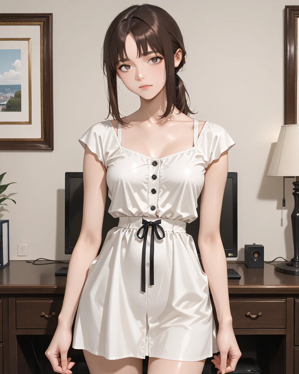 (SFW:2), photorealistic, realistic photo, 8k, ((highest quality)), ((masterpiece)), (extremely detailed), kukolnydom, doll, (female, 20yo, 20 years old:1.6), solo, ((cowboy shot, standing)), skinny, slim, slender, thin body, ( shirt, parted lips, green eyes, brown hair, plastic skin, looking at another, glass eyes, gradient eyes, shining eyes, detailed eyes:1.3)