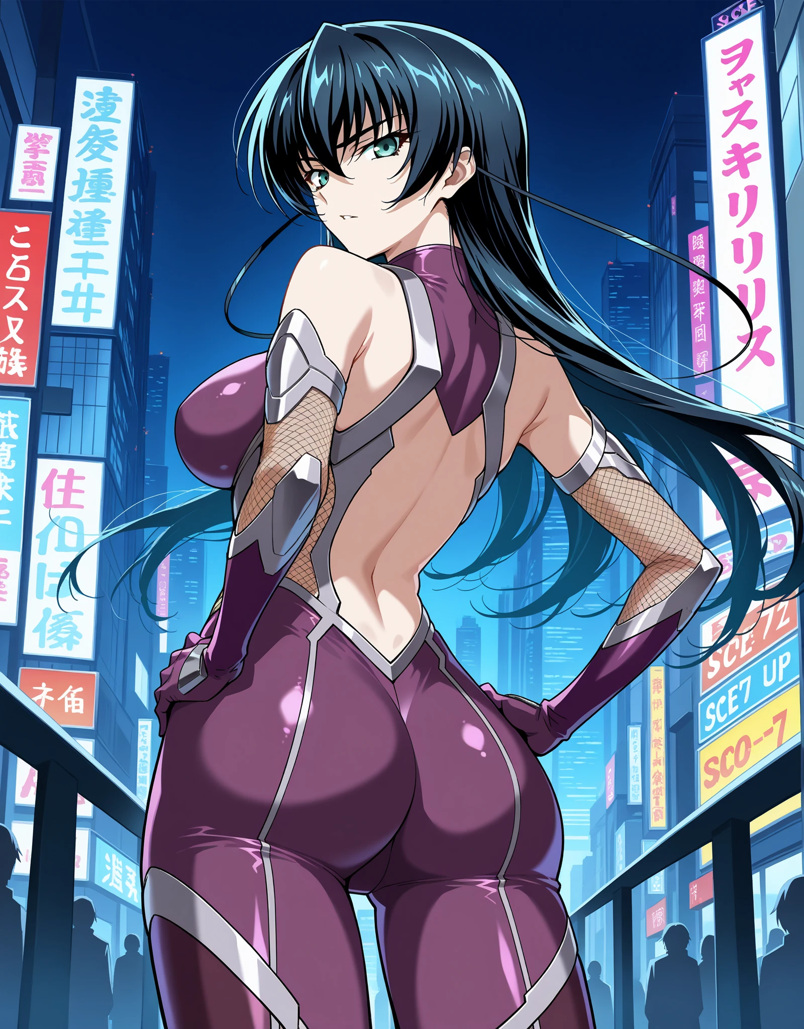 score_9, 
IgawaAsagi is sitting on rooftop, on roof edge, 1girl, solo, full body,
looking at viewer, blush, seductive smile,
long hair, hair between eyes, black hair, blue hair, green eyes,
purple bodysuit, bare shoulders, elbow gloves, fishnets, pants, high heel boots,
curvy, large breasts,
outdoors, city, night, dark scene, dark sky,
<lora:IgawaAsagiXL:1>   <lora:Jadf v1 - Pony-based:1.1>