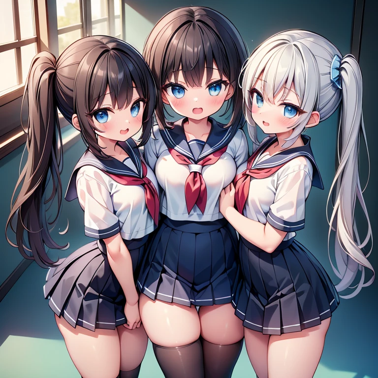 (((masterpiece, Highest quality, High resolution, 超High resolution, Pixel perfect, Written boundary depth, 4K, RTTX10.0, High resolution))), Beautiful Anime Women, Beautiful art style, Anime characters, ((Long Hair, bangs, Dark brown hair, ponytail)), ((Smooth texture, Realistic texture, Anime CG Style)), Perfect body, (Slender body:1.2), Exact finger count、Exact number of legs、(Exact number of arms:1.0, Exact number of hands:1.0), (Three women standing side by side, Lean your torso against the table to expose your buttocks., Angle from above the back:1.3), (Fashionable white shirt, Sailor collar, Knee-high socks, loafers, Pleated mini skirt:1.3), Realistic, Highest quality, High resolution, Perfect lighting, Highly detailed CG, (Perfect hands, Perfect Anatomy), (School classroom:1.3), Daytime lighting, whole body, ((Stylish shiny satin panties, side-tie white panties, Black lace trim :1.3)), (Beautiful and thin thighs、Beautiful little ass:1.3),cum in pussy
