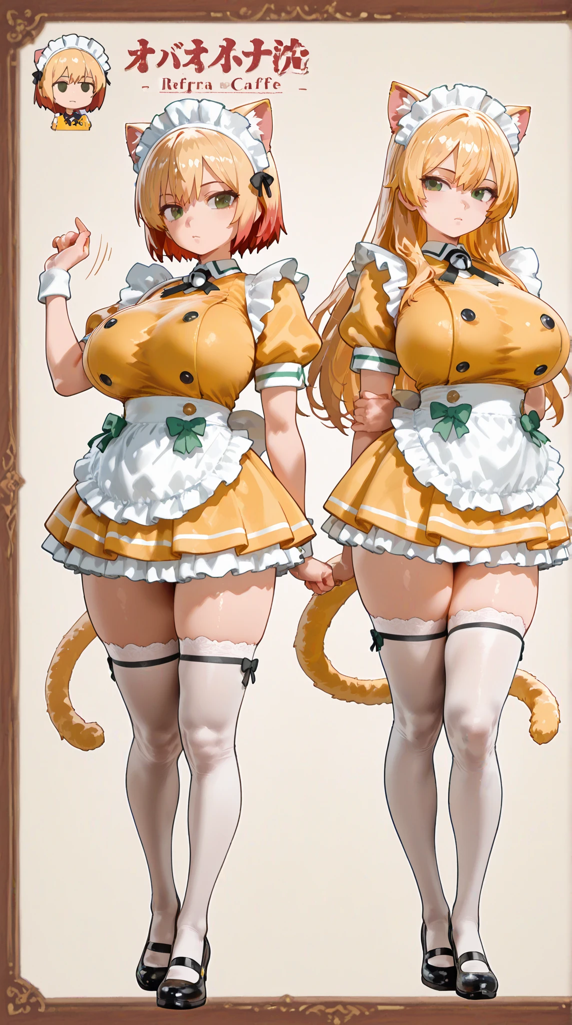 nero claudius (fate/extra), tamamo no mae (fate/extra), nero claudius (fate), tamamo (fate), long hair, breasts, looking at viewer, blush, smile, open mouth, bangs, multiple girls, blonde hair, large breasts, ribbon, 2girls, animal ears, cleavage, hair between eyes, bare shoulders, underwear, green eyes, collarbone, tail, hair ribbon, yellow eyes, pink hair, braid, ahoge, thighs, hair bun, yuri, apron, red ribbon, animal ear fluff, fox ears, fox tail, hair intakes, fox girl, french braid