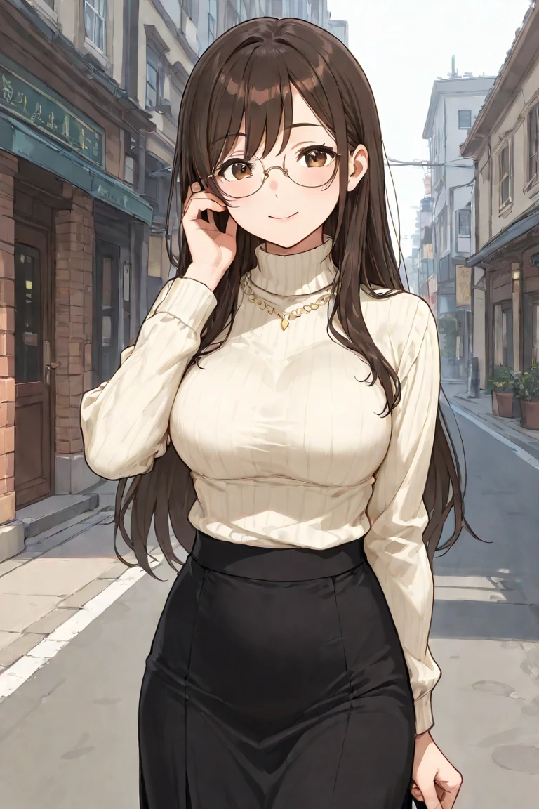 (masterpiece:1.3, Highest quality), Ultra-high resolution, Super detailed, (Realistic, photoRealistic:1.4), Beautiful illustrations, Perfect lighting, colorful, Depth of written boundary, 
View your viewers, (Face Focus, Upper Body), 1 Girl, alone, Beauty,30 years old, (Large Breasts:0.8, Big Ass, Captivating thighs, Skin Dentition),
(Mid-length hair:1.2, Single Blade, Black Hair), bangs, braided bangs, (Brown eyes), Droopy eyes, Part your lips, Shiny skin, 
Beautiful Hair, Beautiful Face, Highly detailed face, Beautiful attention to detail, Beautiful clavicle, Beautiful body, Beautiful breasts, Beautiful thighs, Beautiful feet, Beautiful fingers, 
(Detailed cloth texture, Green long sleeve high neck sweater：1.4, Black pleated skirt), Round Glasses, Shoulder bag, garnet necklace, 
(Beautiful views), night, (Downtown, stage), walking, (A seductive smile), 