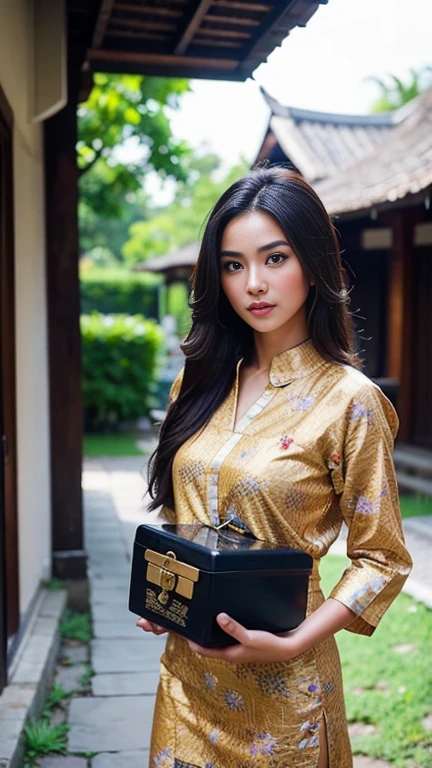Realistic Burmese girl, beautiful 24 years old Burmese girl face standing in facebook Nan Dar's profile background, long ponytail hair wearing a blue Burmese traditional dress,she holding a phone her hands.