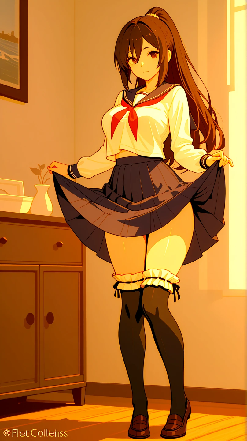 masterpiece, best quality, full body standing straight symmetrical, sfkarin, hair bow, ascot, red jacket, long sleeves, frilled skirt, pantyhose, standing, looking at viewer, from below, looking at viewer, smug, smile, sky, clouds, thighs,