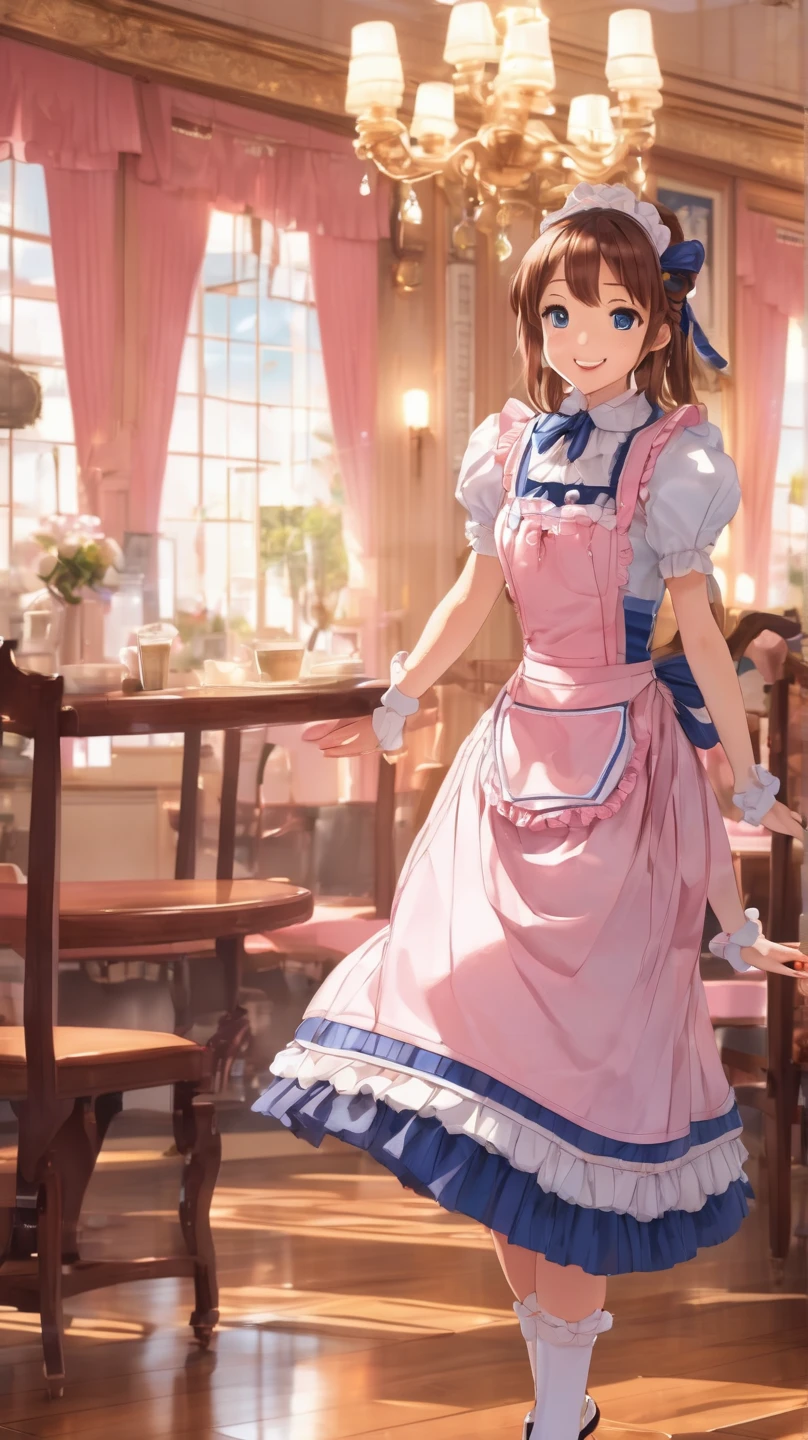 A clumsy, cute maid in a fluffy white and pink maid outfit, tripping and falling on the floor with her bottom raised, skirt flipped up, revealing blue and white striped panties, embarrassed smile, looking at the viewer, soft lighting, detailed classic cafe interior with wooden furniture and chandeliers, no other people, high quality, anime style, masterpiece, best quality
