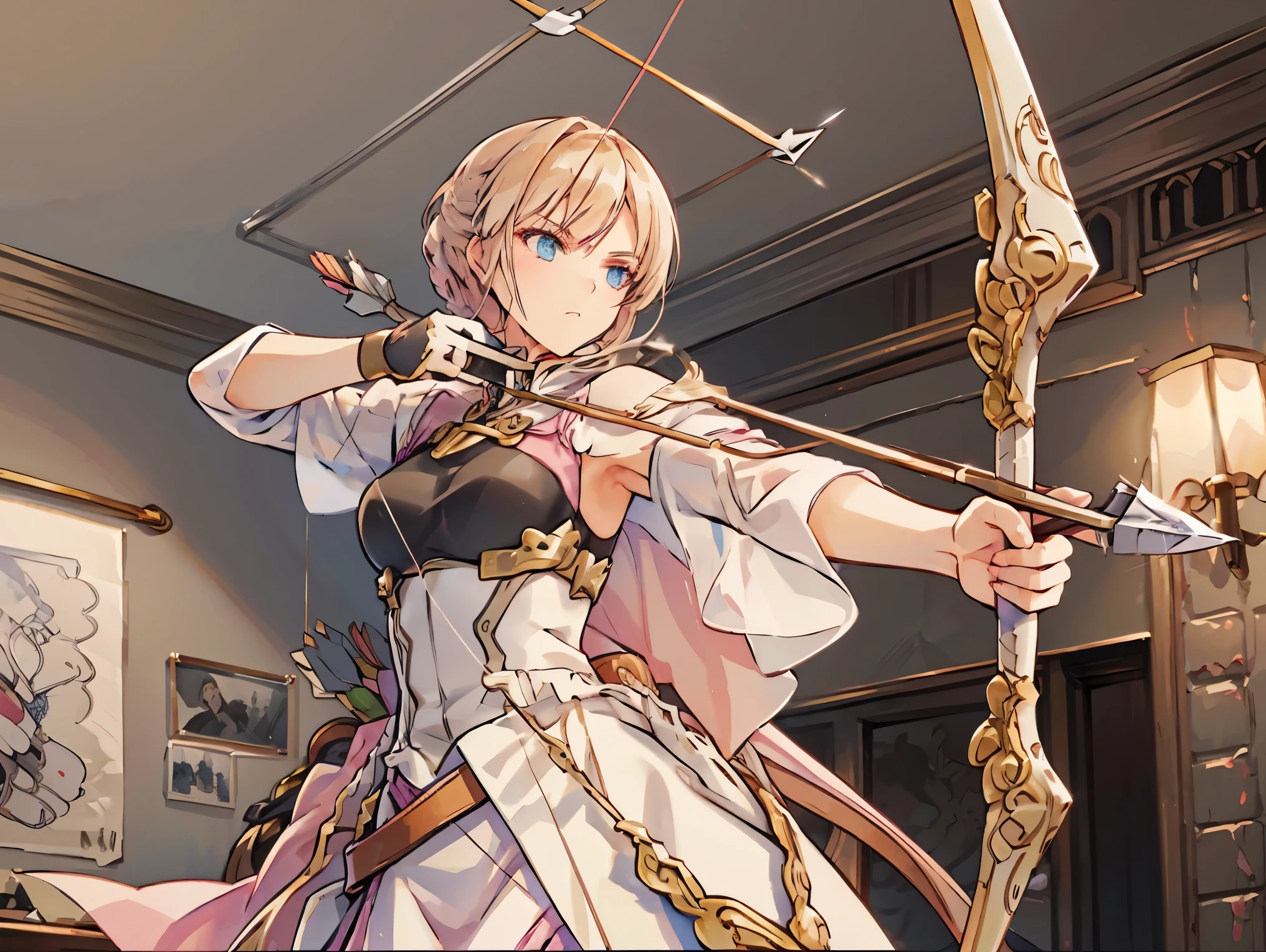 pose(drawing bow:1.2), Watercolor painting, fantasy novel illustration, lighting arrow, archer, big hair, mature lady, blonde