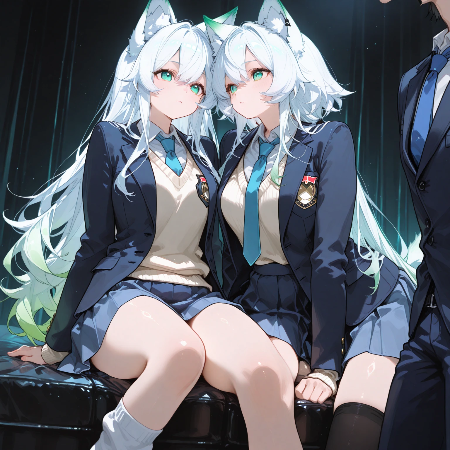 highest quality、masterpiece、1 girl、(blush:1.5)、(smile:1.5)、((fun!!))、cute、(silver hair)、dog ears、high school girl、((classroom:1.5))、()、、Kamimei、look at me、(No panties:1.3)、((shaved pussy:1.5)), ((red bow tie, , black jacket, open jacket, white cardigan, white shirt, black skirt, plaid skirt、black socks))、 (No panties:1.3)、((shaved pussy:1.5))、(highly detailed closed labia:1.5)、light blue eyes、long hair