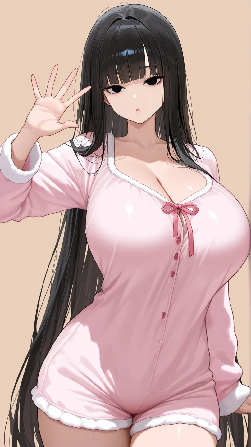 1girl,perfect ,black hair, long hair, (hair over one eye:1.4), messy hair, hair between eyes, hairclip,plump, chubby,fat, saggy breast, cute motif pajama, cute shy blush on , bedroom 