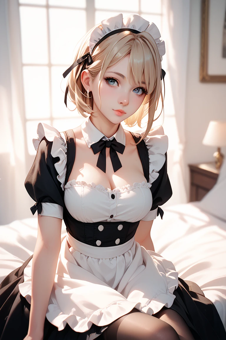1girl, solo, long hair, breasts, looking at viewer, blush, smile, thighhighs, bow, ribbon, cleavage, medium breasts, one eye closed, tongue, black thighhighs, tongue out, apron, wrist cuffs, maid, maid headdress, box, gift, valentine,yellow hair,red eyes,twintails,bangs,leaning forward, (index finger on mouth),