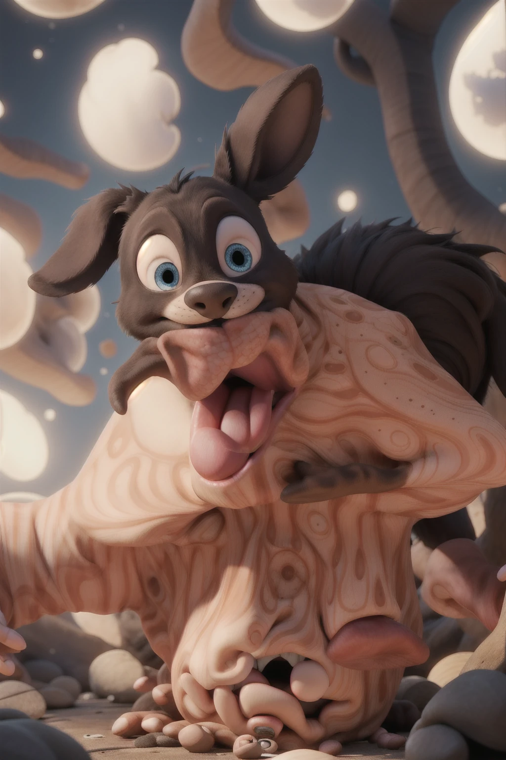anthropomorphic Tauren, Fluffy, high resolution, realistic, Soft, 4K, upscales, high detail, Delicate fur, ((The tail in the right place)), tavern glory hole, shaggy, green eyes, bovine face, bovine snout, bovine tail, realistic fur, ((peeking at viewer)), huge fluffy ears, 1 tail, hyper nipples, black fur, black body, presenting canine pussy, lifted arched cow tail, dripping pussy, ass sticking out, looking back at viewer, long nipples, two arms, two hands, hyper canine pussy, perfect pupils, tight canine pussy, puffy canine pussy, two glory holes with a cock in each side, cock on both sides, grabbing cocks, one cock in each hand, cock on left glory hole, cock on right glory hole, grabbing both cocks, young, 2 cloven hooves, hyper breasts, sucking dick, riding dick, hyper areola
