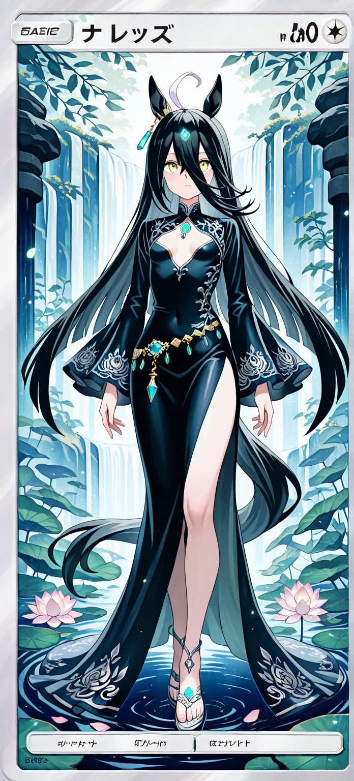 anime style, 1girl, woman, malevolent goddess, (flowing dress:1),(huge opulent crown:1), bombshell hair, sparkling deep color:darkslateblue hair, side ponytail, toned hourglass figure, caucasian, elf, Algae Bloom Ponds<lora:EnvyElfXL02:1>
