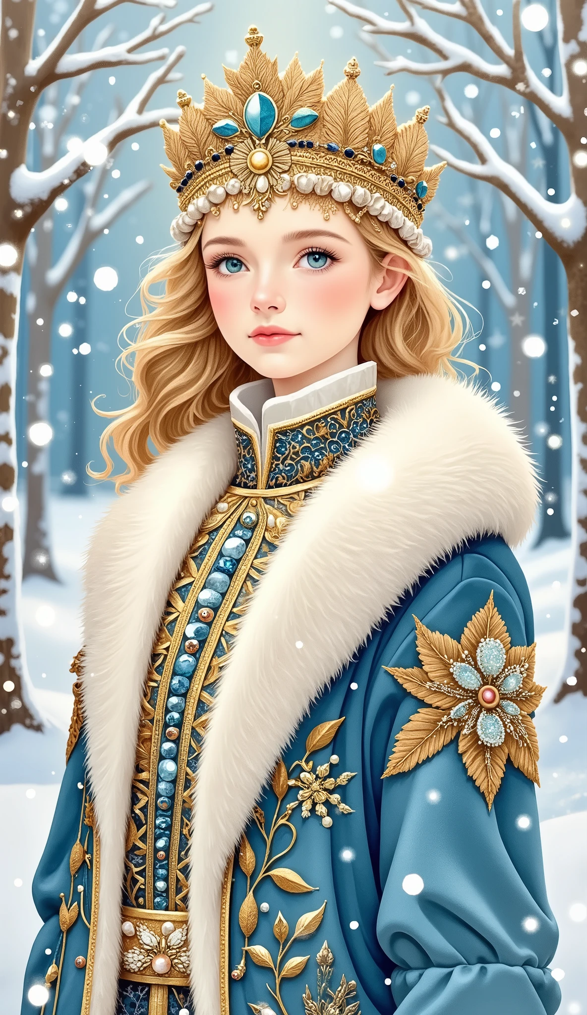 Snowflake Maiden, beautiful young woman in richly decorated traditional Russian winter costume, golden kokoshnik crown with gemstones and pearls, ornate fur-lined sarafan with intricate embroidery, luxurious textures, soft white and icy blue tones with gold accents, standing in a snowy enchanted forest, glowing snowflakes falling, Slavic fairytale setting, inspired by Russian folklore and tsarist era illustrations, elegant and graceful, highly detailed, 1960s Soviet animation style, best quality