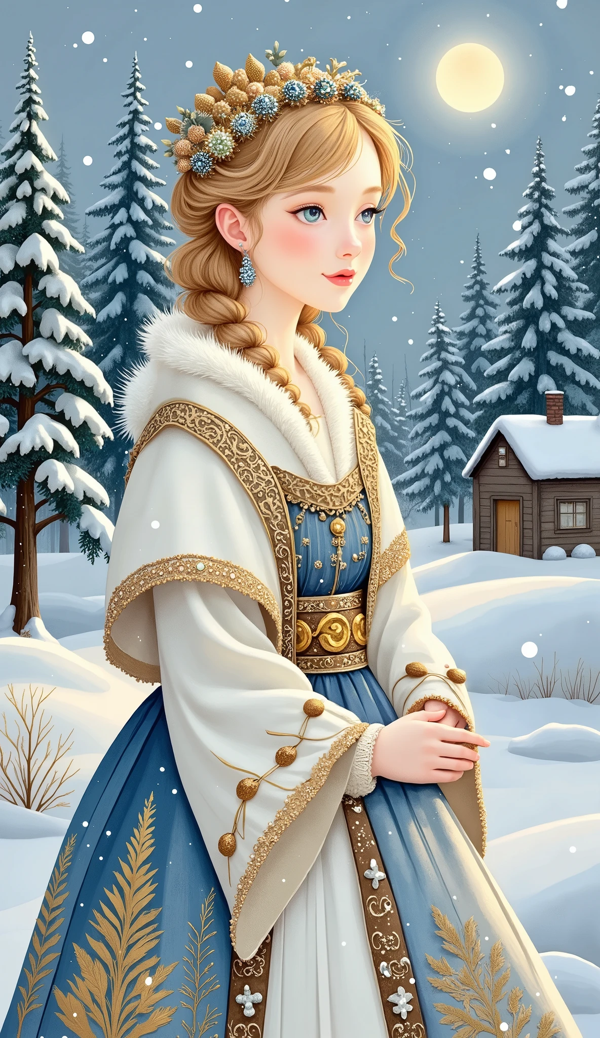 Snowflake Maiden, beautiful woman in richly decorated traditional Russian winter costume, golden kokoshnik crown with gemstones and pearls, ornate fur-lined sarafan with intricate embroidery, luxurious textures, soft white and icy blue tones with gold accents, standing in a snowy enchanted forest, glowing snowflakes falling, Slavic fairytale setting, inspired by Russian folklore and tsarist era illustrations, elegant and graceful, highly detailed, 1960s Soviet animation style, best quality. Snowflake woman walking alone in a snowy forest, soft falling snow, tall pine trees, glowing moonlight, melancholic atmosphere