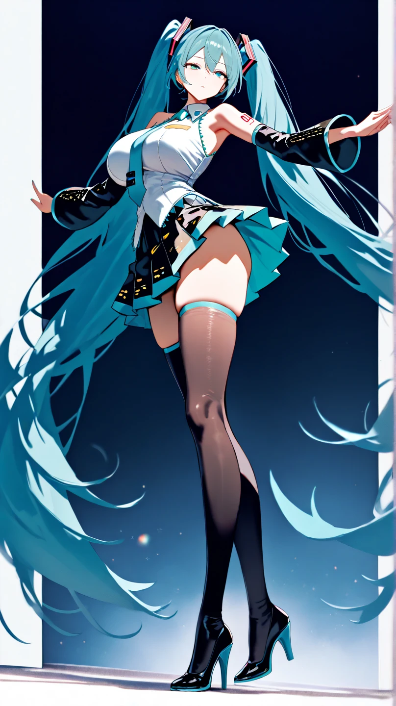 (1 girl),(high quality), (High resolution), (extremely detailed), (8K),(lower body shot),(Hatsune Miku wears panties under her transparent wedding dress),(wearing black knee-high stockings)not wearing shoes,perfect writing,(Beautifully erect nipple shape:1.2),High resolutionの美しい目,(neutral white lighting:1.2),Dancing in another world with strong winds