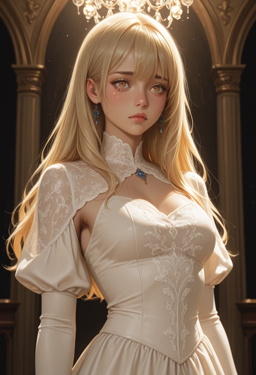 (masterpiece, best quality:1.3), 1girl, blonde hair, light smile, upper body, looking at viewer, dr3ss, (haute couture), white dress, mermaid dress, short sleeves, cleavage, medium breasts, <lora:Outfit_soph-SequinMermaidGown:0.8>, tiara, indoors, cathedral, stained glass, light rays, beautiful face, beautiful eyes