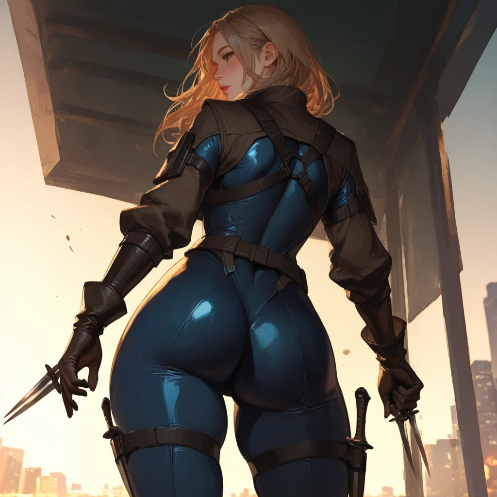 Samus Aran with hair pulled back in a ponytail with large breast and big ass in gray armor bodysuit standing on the roof at night with her back to screen