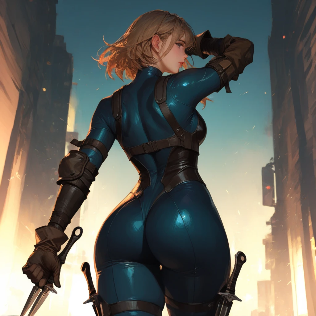 unparalleled masterpiece, ultra realistic 8k CG, perfect artwork, (1girl:1.1) , solo, ((perfect female figure)), (nsfw), looking at viewer, mature female, bimbo (android 18) standing, (teasing), best quality:1.1 , seductive posture, sexy pose, alluring, (beautiful), (curvy), (thick), blonde hair, (blue eyes:1.2), short hair, earrings, jewelry, denim vest, open vest, black pantyhose, black shirt, denim skirt, striped long sleeves, blue skirt, toned legs, fit, (abs:1.1), (big butt:1.4), peach ass, (athletic body:1.2), (large breasts:1.3, (big_breasts:1.1), wide_hips:1.5, narrow waist, small waist:1.5, slender body:1.2, thick thighs:1.3), (shiny skin:1.2), (hdr), (street:1.2), Nikon D850 film stock photograph Kodak Portra 400 camera f1.6 lens, rich colors, lifelike texture, dramatic lighting, unreal engine, trending on ArtStation, by Gerald Brom, by Frank Frazetta, by Luis Royo, by Julie Bell, by Boris Vallejo