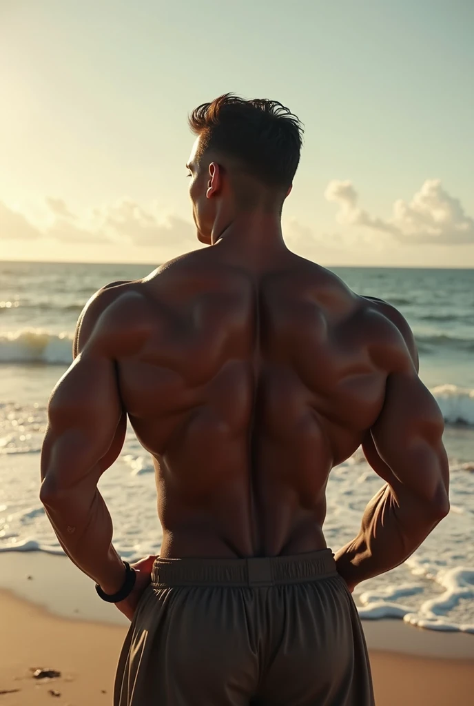Sunset sea in the background、Has supple muscles、male、The upper body is undressed