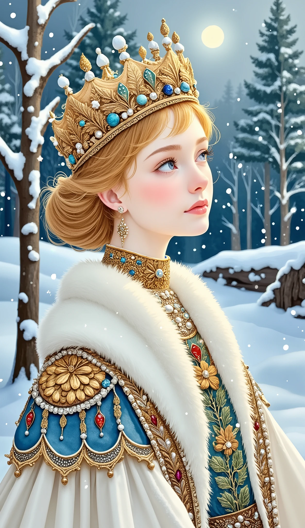 Snowflake Maiden, beautiful woman in richly decorated traditional Russian winter costume, golden kokoshnik crown with gemstones and pearls, ornate fur-lined sarafan with intricate embroidery, luxurious textures, soft white and icy blue tones with gold accents, standing in a snowy enchanted forest, glowing snowflakes falling, Slavic fairytale setting, inspired by Russian folklore and tsarist era illustrations, elegant and graceful, highly detailed, 1960s Soviet animation style, best quality. Snowflake woman walking alone in a snowy forest, soft falling snow, tall pine trees, glowing moonlight, melancholic atmosphere. jewelled crown with Orthodox cross design