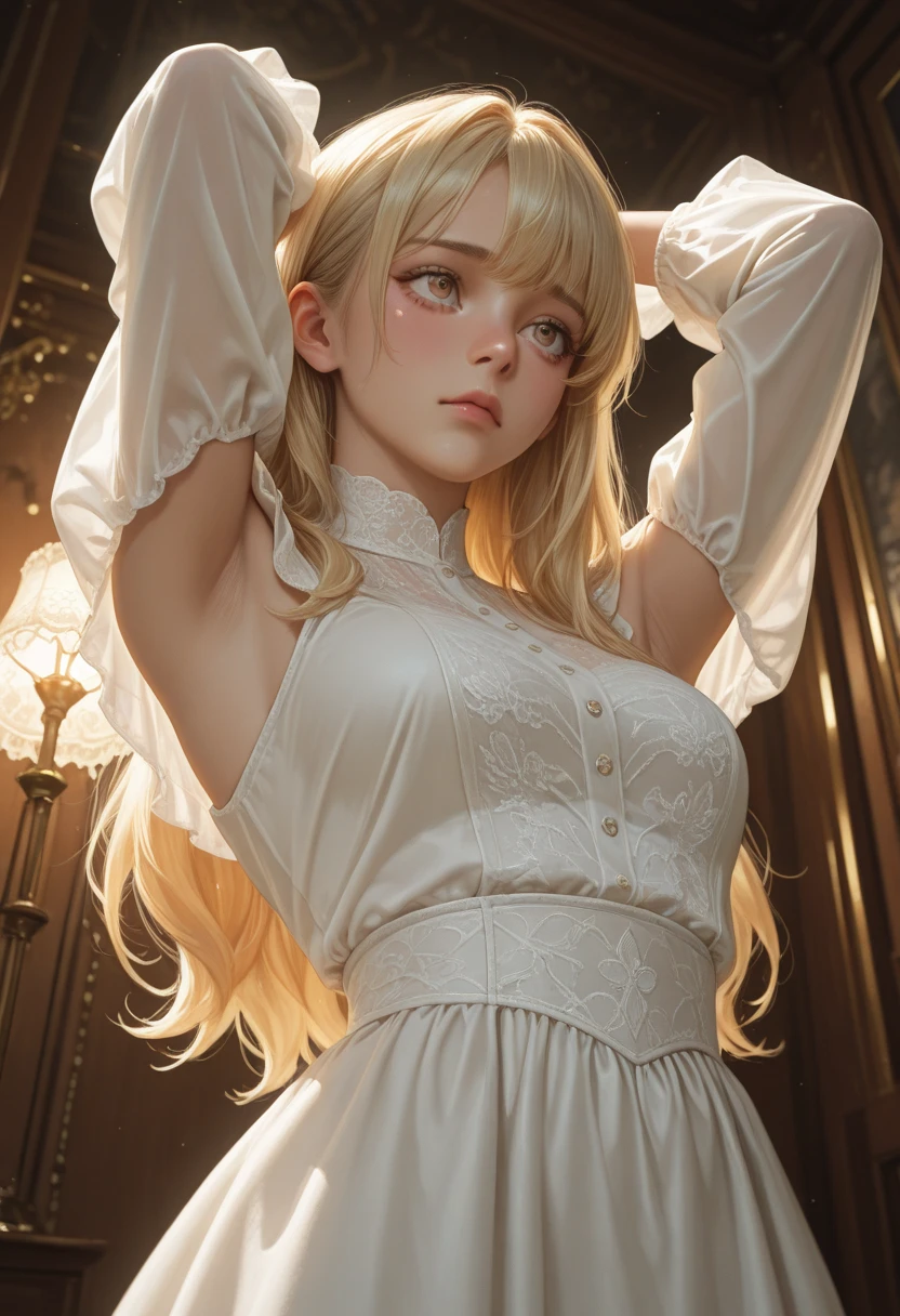 (masterpiece), (Highest quality), Makima with Taylor Swift's face (chainaw man), Highest quality, Super detailed, One girl, alone, Are standing, Redhead, Long braided hair, Golden Eyes, bangs, Medium chest, tie, look, smile, (bad: 1.2), looking at the viewer, (interview: 1.3), (Dark Background, chain: 1.3) Exposing breasts,