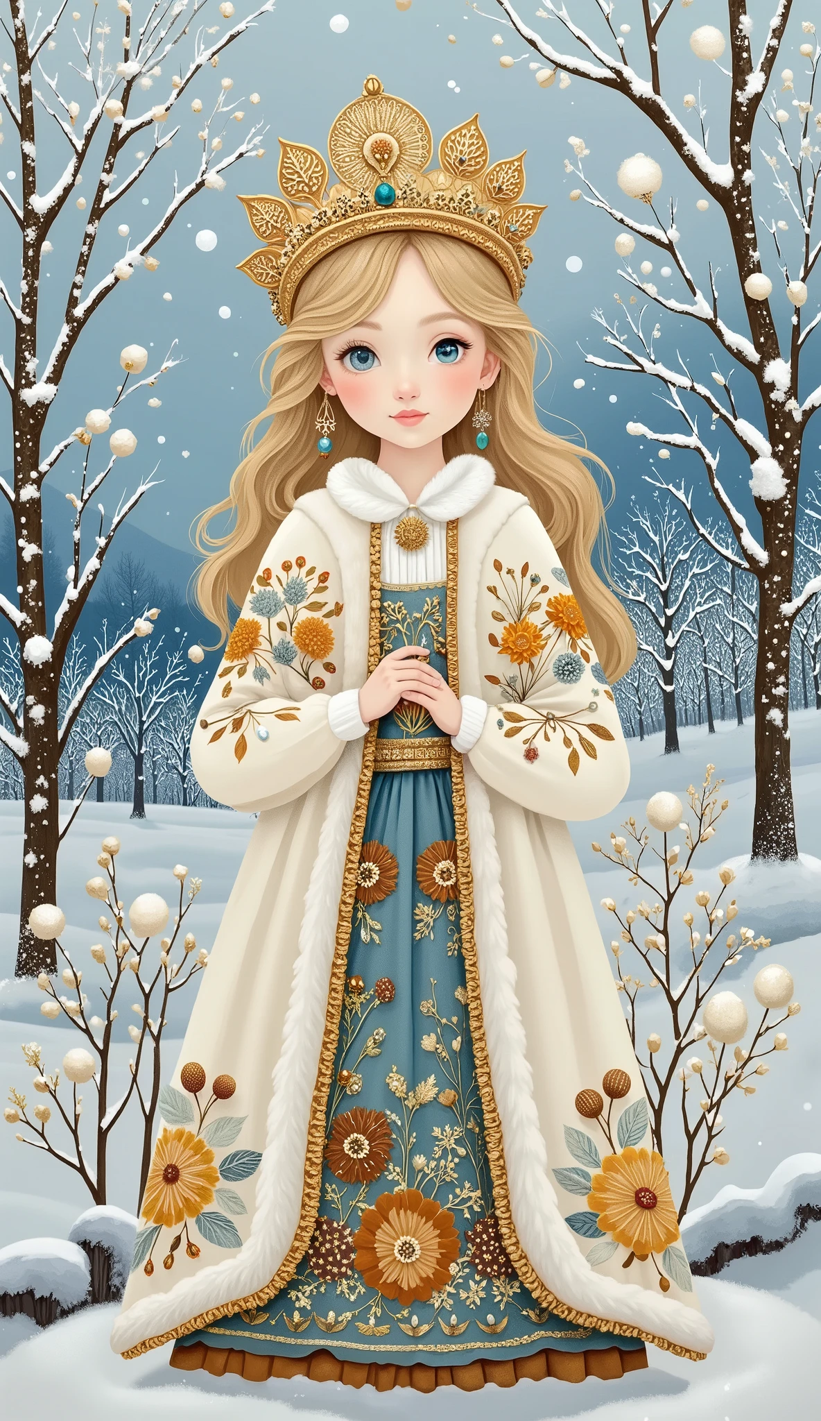 Snowflake Maiden, beautiful woman in richly decorated traditional Russian winter costume, golden kokoshnik crown with gemstones and pearls, ornate fur-lined sarafan with intricate embroidery, luxurious textures, soft white and icy blue tones with gold accents, standing in a snowy enchanted forest, glowing snowflakes falling, Slavic fairytale setting, inspired by Russian folklore and tsarist era illustrations, elegant and graceful, highly detailed, 1960s Soviet animation style, best quality