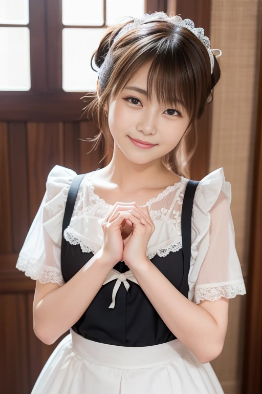 Girl, maid, smiling, looking at viewer, cat ears, sitting on bed