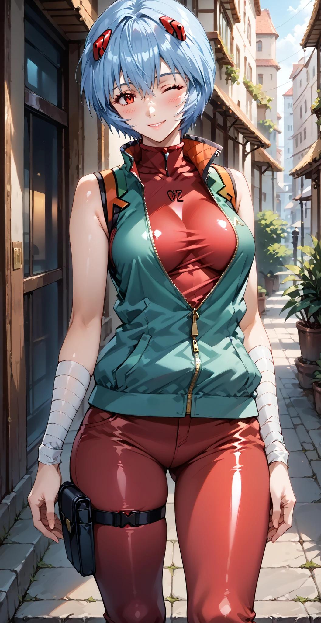 Best quality, 4k, high resolution, body stuck dress, perfect smile, gorgeous, light skin, ahegao face(hentai face) ,black hair,wearing head band, wears a pink sleeveless qipao-style blouse with red sleeve trimmings and yellow fastening buttons, wearing dark ref pants complement the ensemble, (sports red sandals), black fingerless gloves, wearing bodystuck top(wearing long pink bloud ), clothes are stuck in body, bodyfit outfit,1 girl, solo, seductive look, elegance and charm, (masterpiece, best quality, high resolution), looking at the viewer, standing, (intricate and beautiful:1.2), (detailed light:1.2), (soft light, side light), (high resolution textures) , holding leash in hand(chain leash), outdoor, Burmese girl,wearing short  jean pants(black colour) with white line ,wearing gorgeous jewelary, wearing harness over the outfit ,outdoor background, sun light, attractive, sexy, mature and hot, young,(masterpiece:1.3), (disorganized:1.3), (highest quality:1.3), perfect anatomy, detailed face, front view, perfect right hands, looking at viewer, (Super detailed:1.3), (best shadow:0.7), (treated hair), fine eyes, beautiful eyes, young aged woman, alone, standing, crystal earrings,closed_mouth, , outdoors,Thick thighs, arrogant face, small 