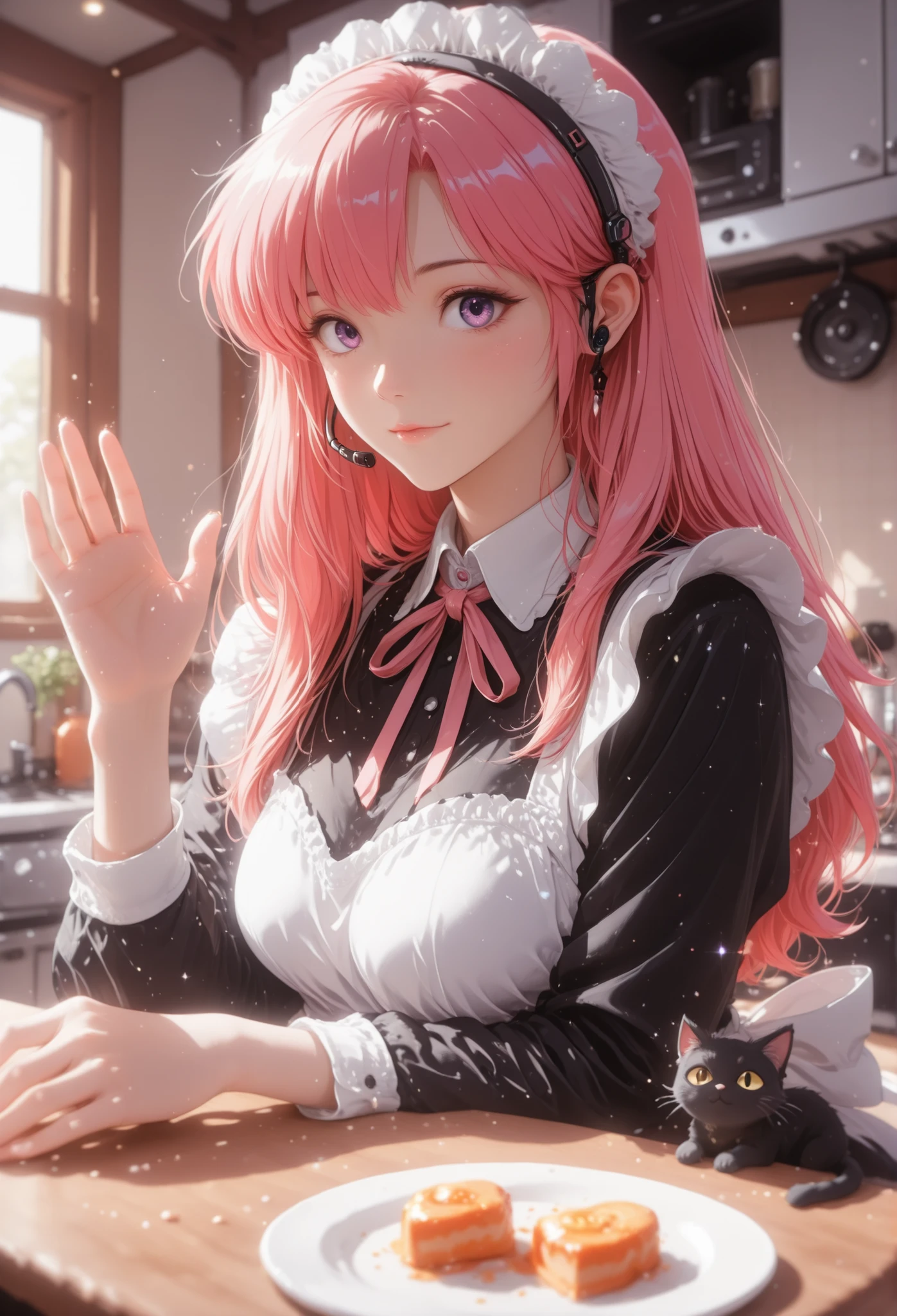  Masterpiece, detailed image, perfect human anatomy, perfect face, a beautiful woman, (nice curves), with long red hair with pink tips and bright purple eyes, (eyes rich in detail), (eyes detailed) flowing pink and orange ombre hair, wearing a black cat-ear headset, wearing a maid outfit, close up, open palm, a mini chibi-style version in the palm of the hand with, kitchen setting, perfect lighting, the art style is detailed and colorful, with soft dynamic lighting and slightly 3D anime shading, in high resolution
